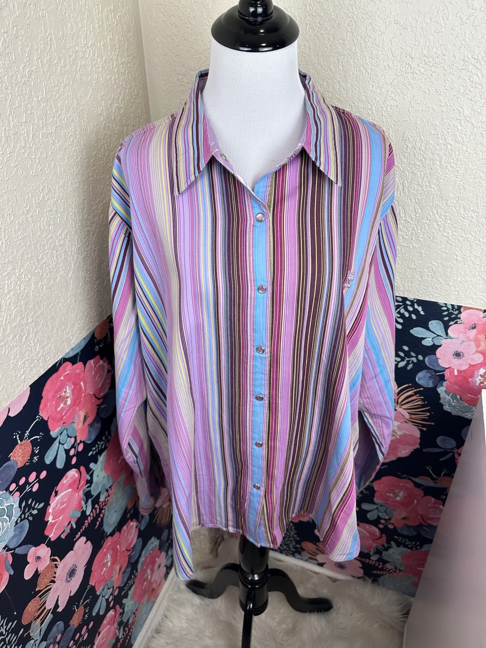 Tailored Fit Twenty X Purple Blue Yellow Stripe Western Snap Rodeo Shirt XXL